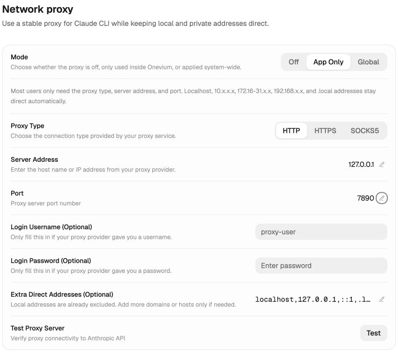 Network proxy mode, protocol, and connection fields