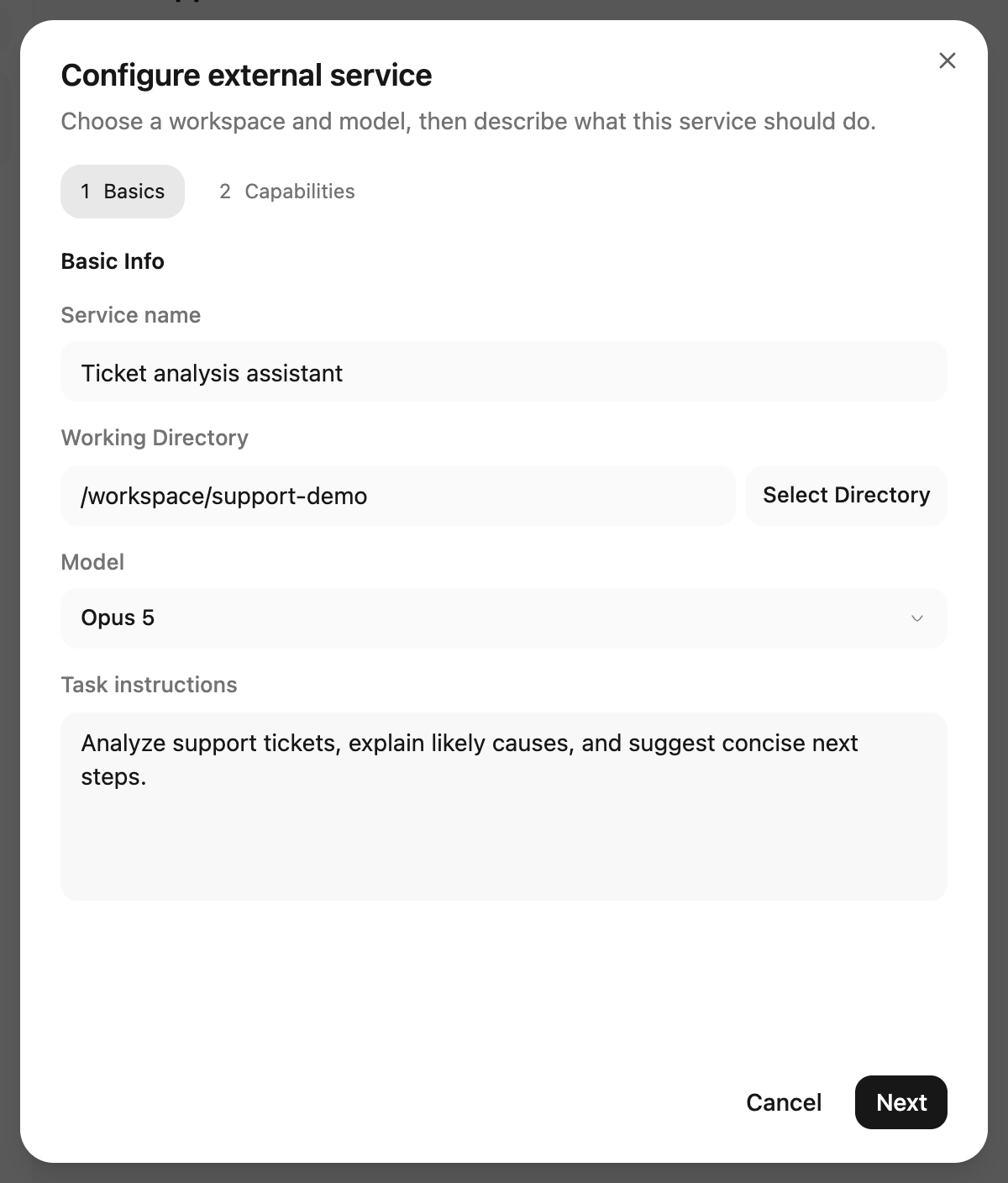 Choose the workspace and model, then describe the service task.