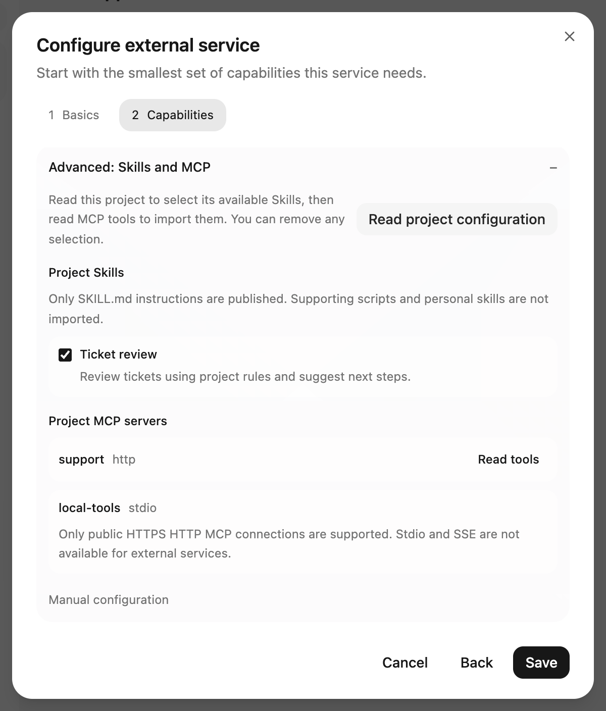 Review Skills and MCP services after reading the project configuration (example catalog).