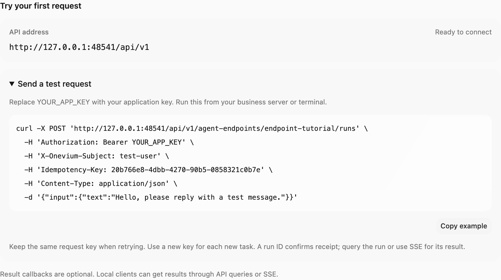 Connection status and address are examples; copy the curl command, replace YOUR_APP_KEY, and run it yourself. Copying does not send it.
