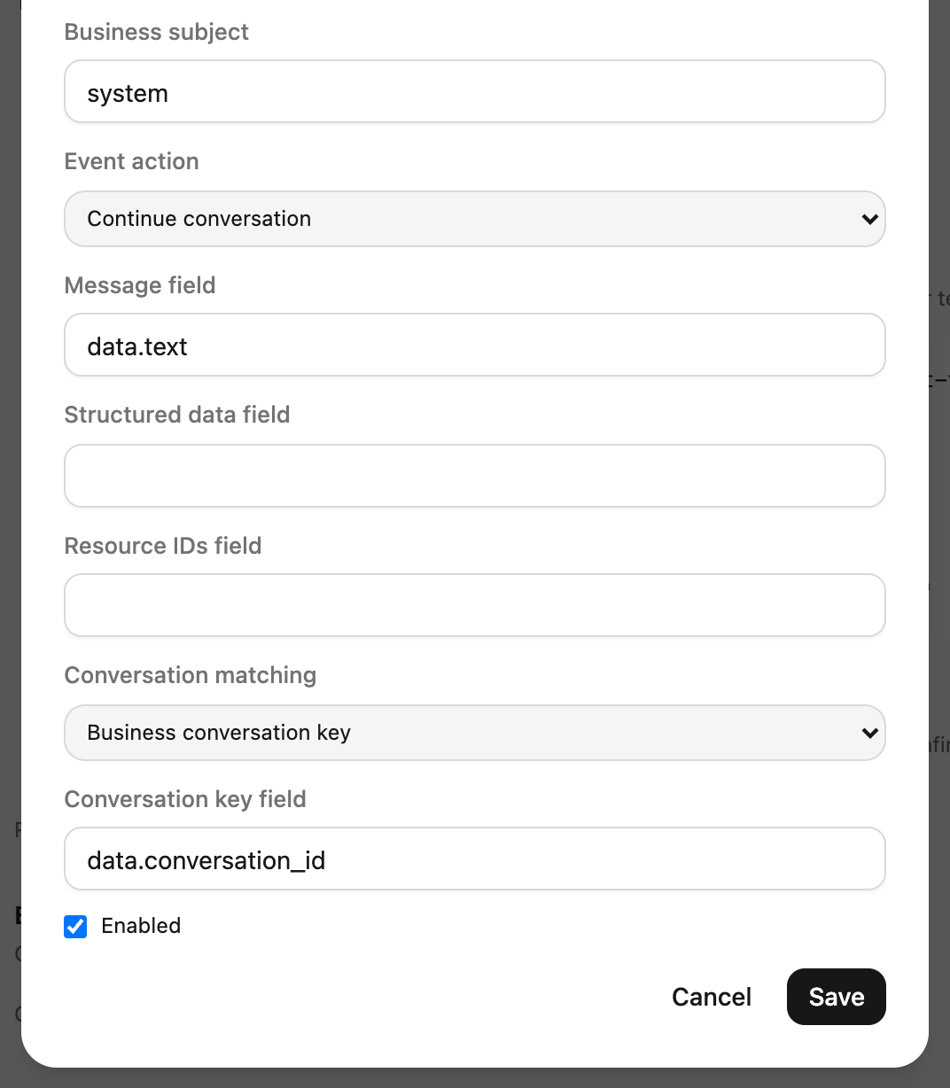 Scrolled field detail: map message content and a business conversation key to continue a conversation.