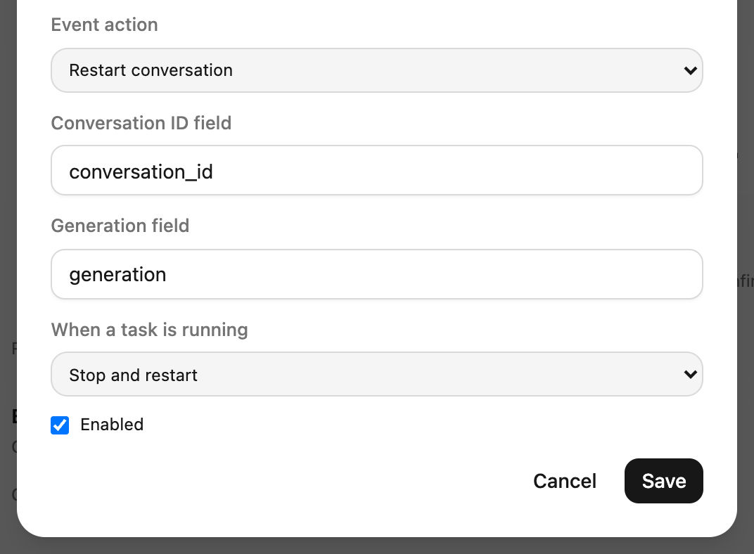 Restart field detail: configure conversation ID and generation field mappings, plus the running-task policy.