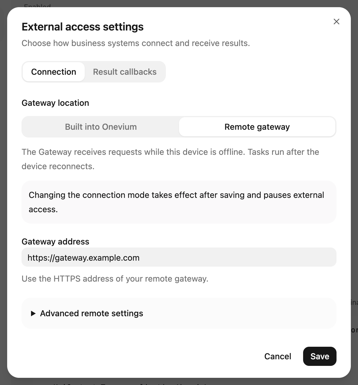 Enter the remote gateway HTTPS address; the connection change takes effect after saving.