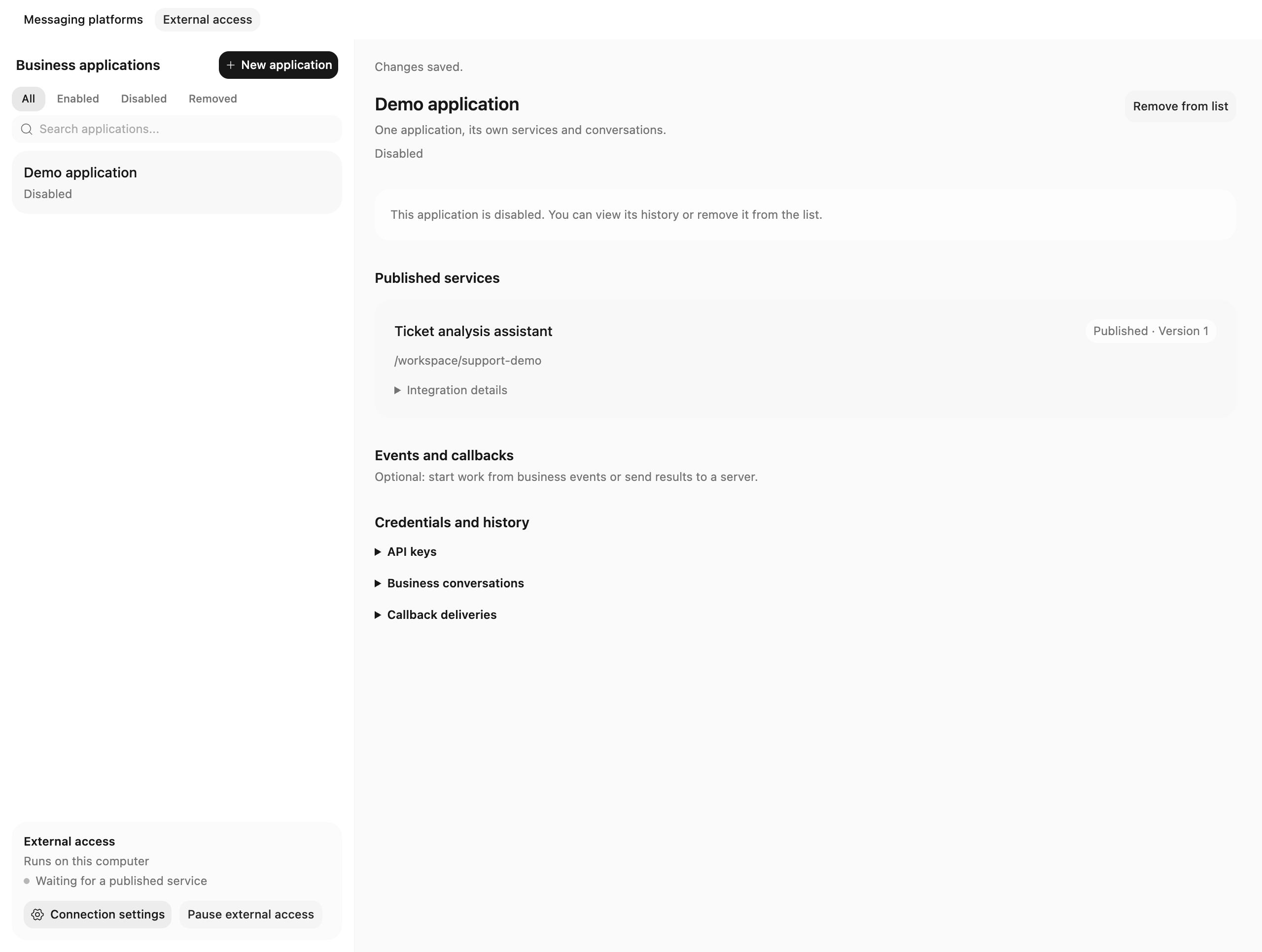 Disabled applications retain history access and can be removed from the regular list (example state).