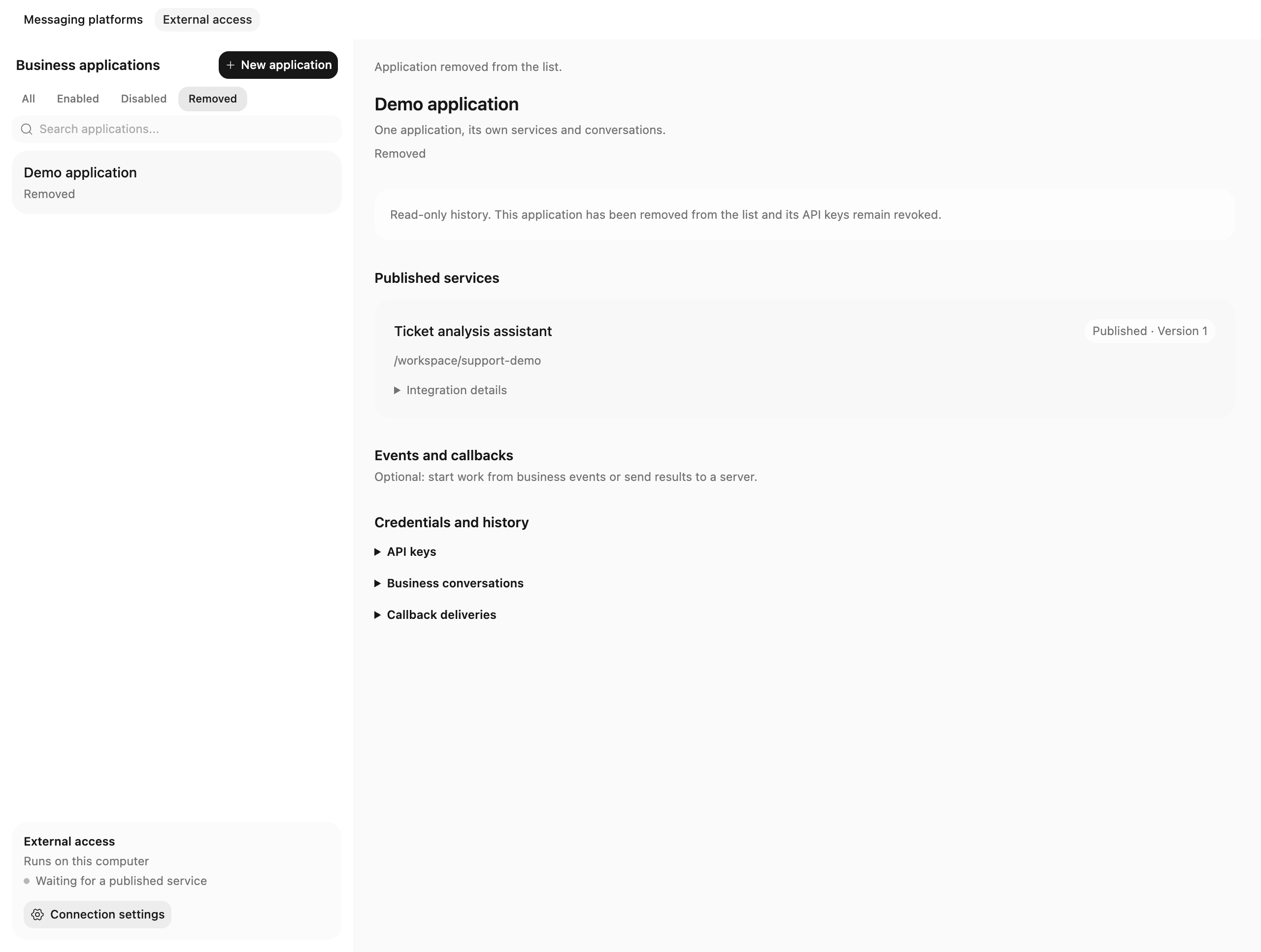 View history under Removed; revoked credentials remain revoked (example state).